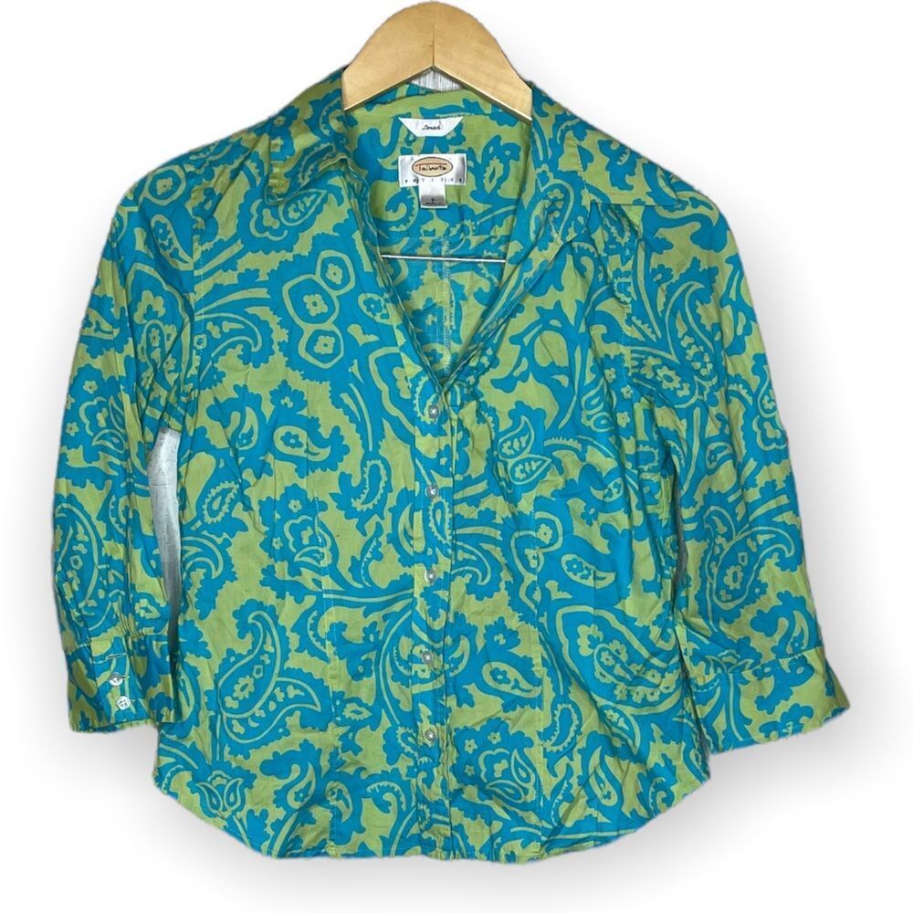 Talbots Petites bright green and turquoise top size P cotton spandex blend